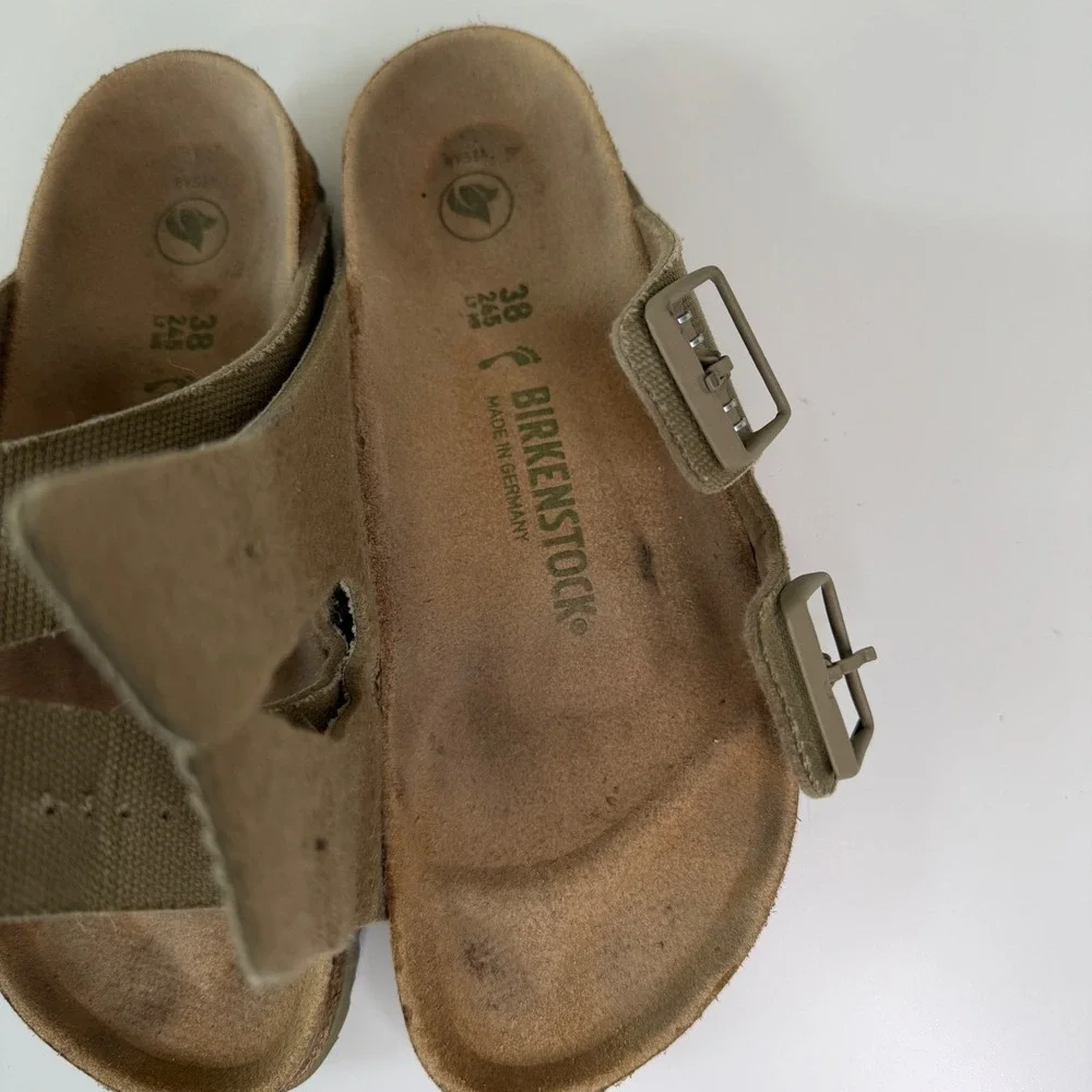 Birkenstock Arizona Women 38N Vegan Olive Double Strap Buckle Slides Boho